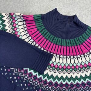 Crown & Ivy Fair Isle Mock Neck Sweater Navy Pink Green White Women's XL